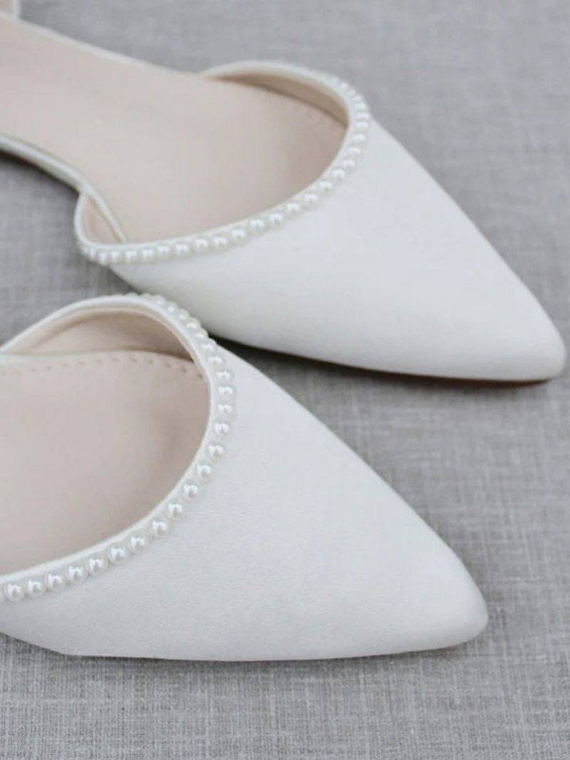 Chaussures Mariée Blanches Pour Femmes Cuir Pu À Bout Pointu Avec Perles - Blanc