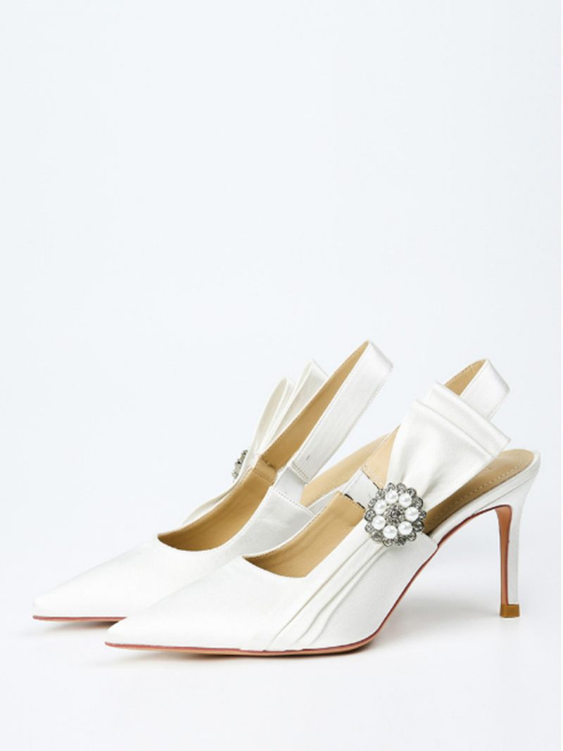 Chaussures Mariée Blanches Pour Femmes Mariage Satin À Bout Pointu Avec Nœud Et Perles