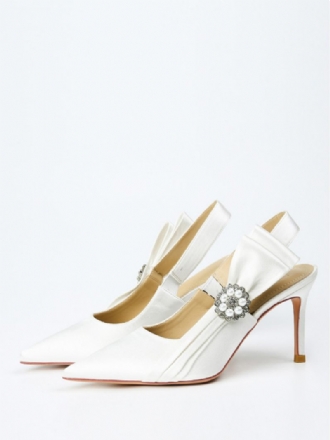 Chaussures Mariée Blanches Pour Femmes Mariage Satin À Bout Pointu Avec Nœud Et Perles