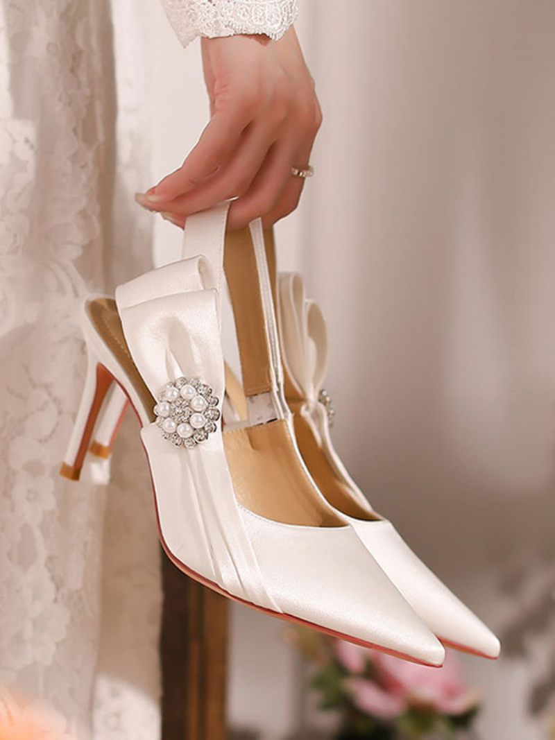 Chaussures Mariée Blanches Pour Femmes Mariage Satin À Bout Pointu Avec Nœud Et Perles - Blanc