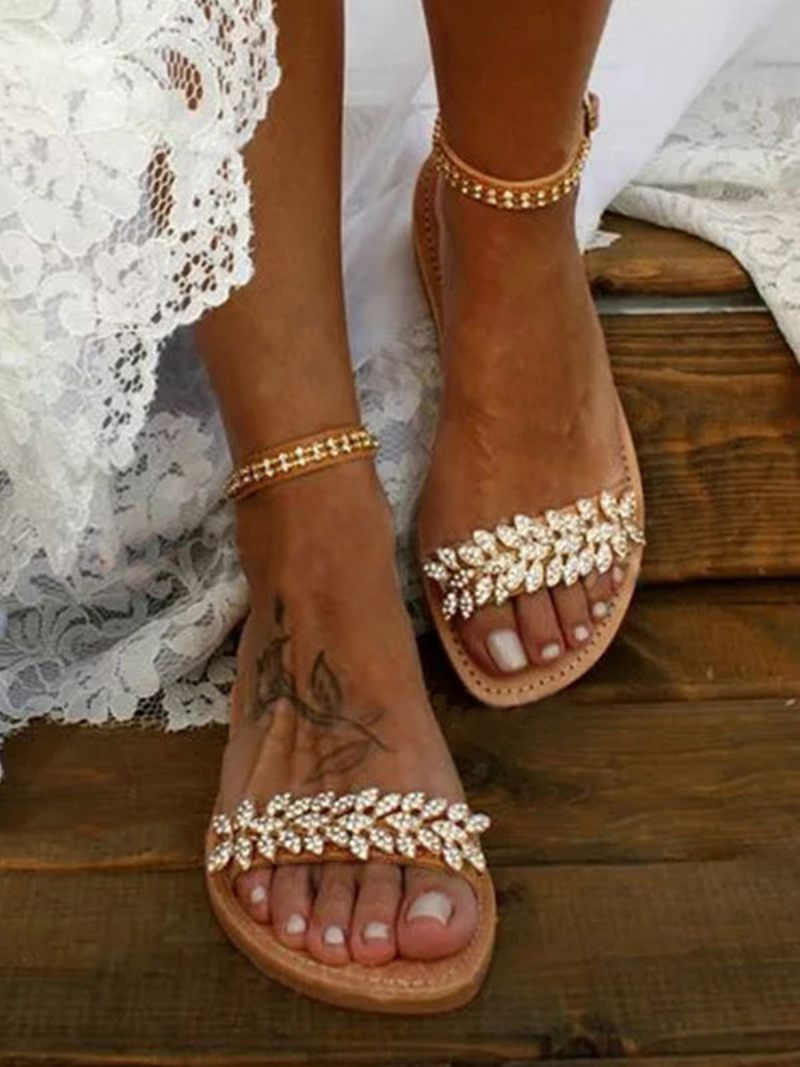 Chaussures Mariée Boho Avec Bride À La Cheville Plate Et Strass Pour Femmes - Café Brun