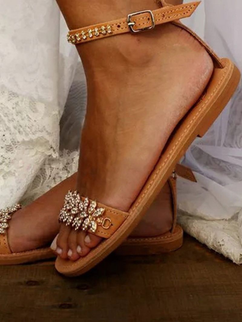 Chaussures Mariée Boho Avec Bride À La Cheville Plate Et Strass Pour Femmes - Café Brun