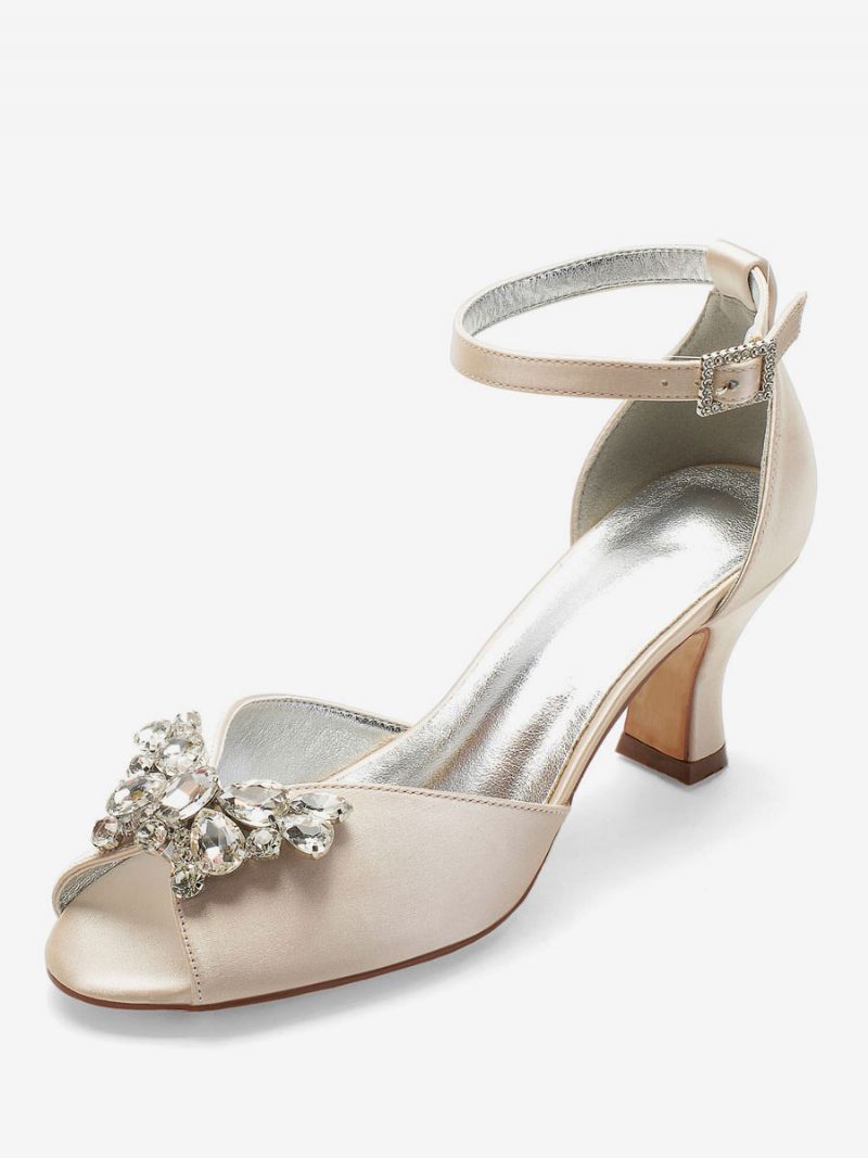 Chaussures Mariée À Bout Ouvert Pour Femmes Bride La Cheville Talon Bas Épais - Champagne