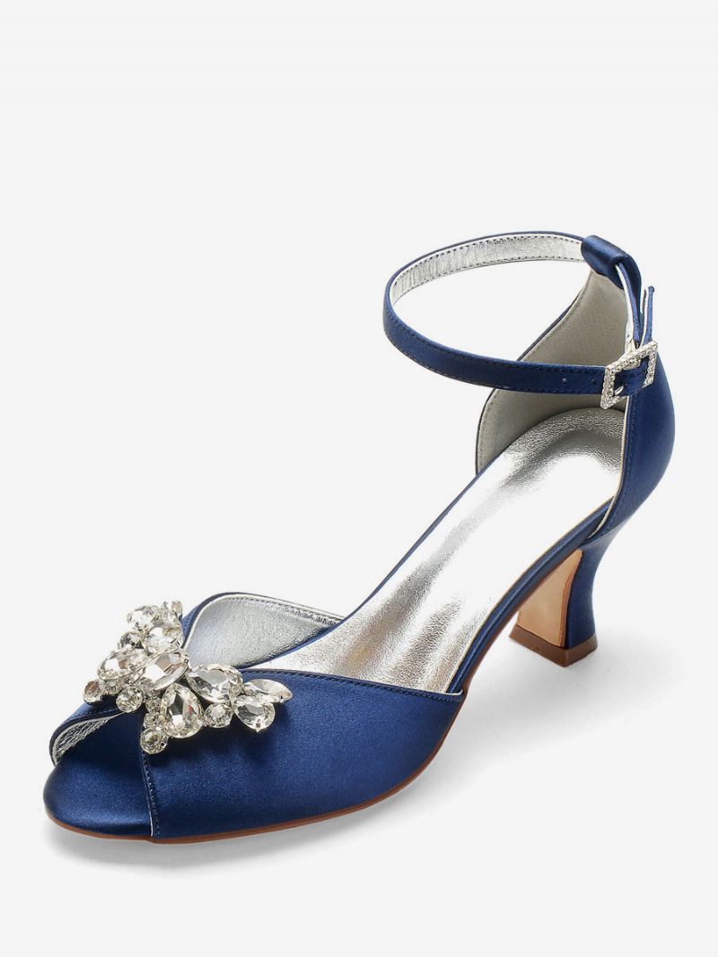 Chaussures Mariée À Bout Ouvert Pour Femmes Bride La Cheville Talon Bas Épais - Bleu Profond