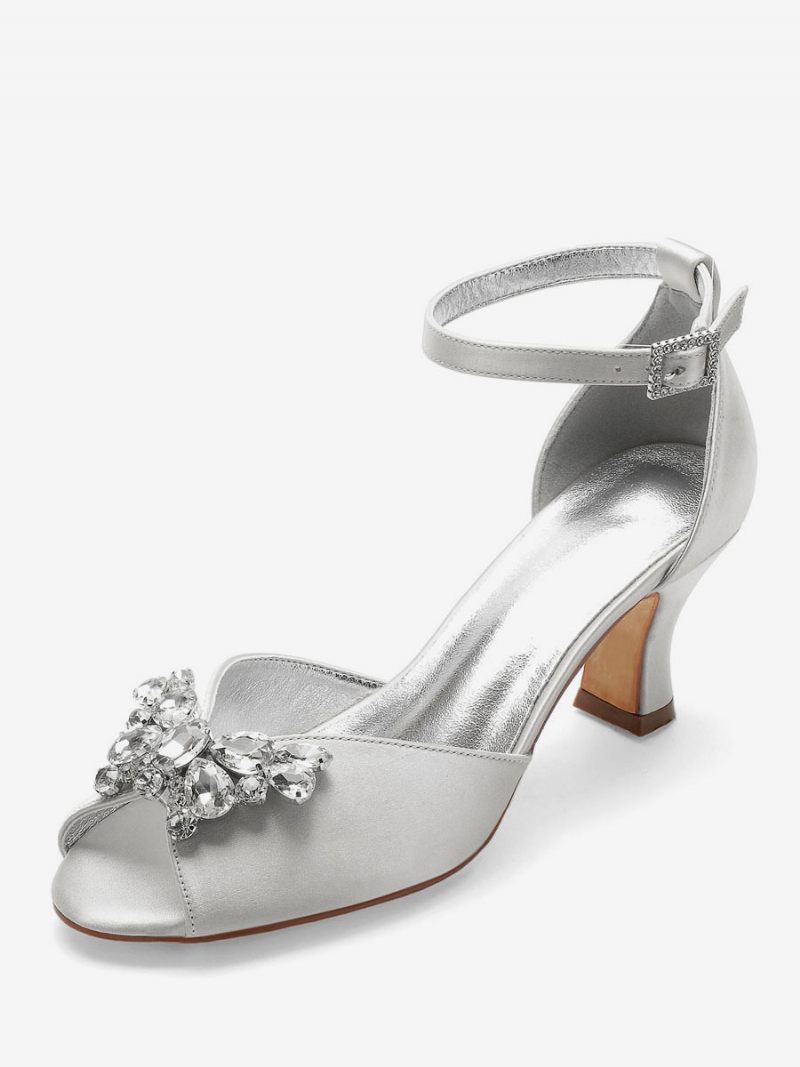 Chaussures Mariée À Bout Ouvert Pour Femmes Bride La Cheville Talon Bas Épais - Argent