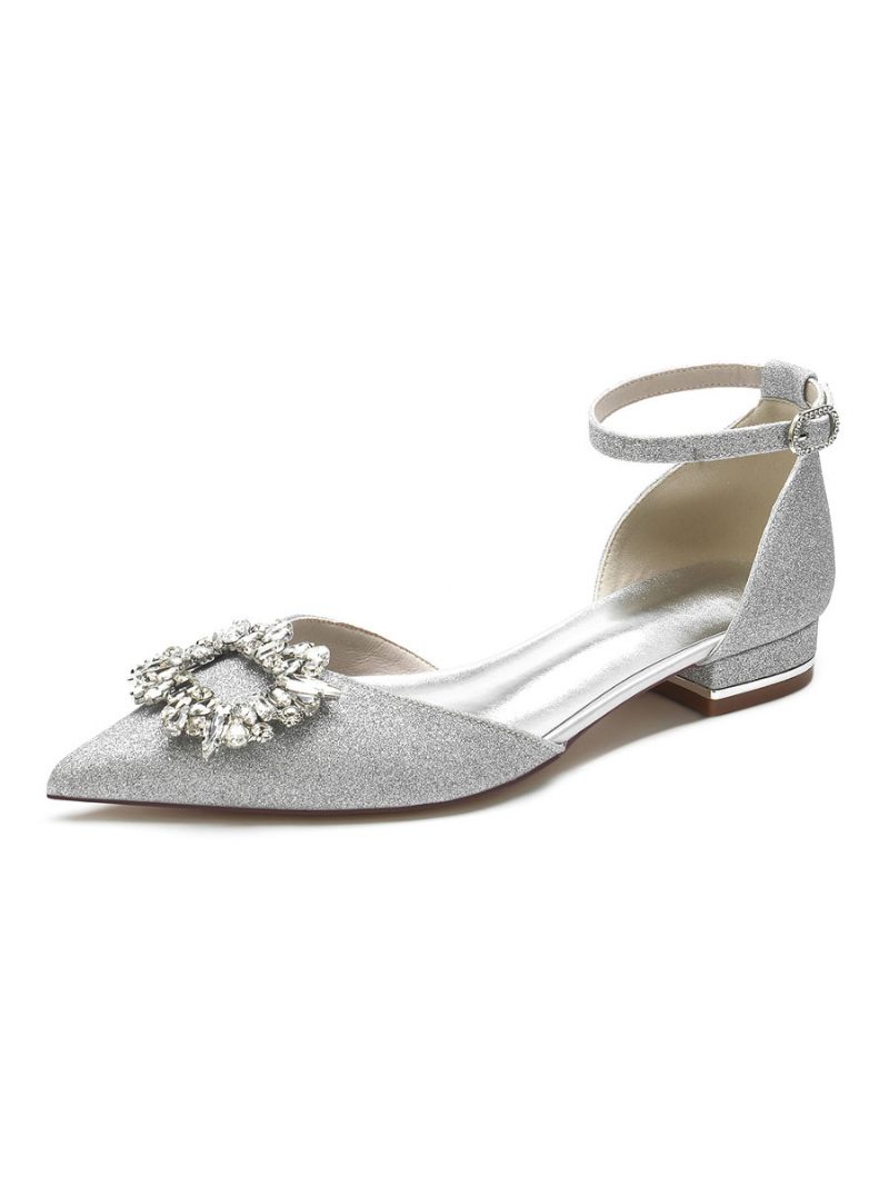 Chaussures Mariée Pour Femmes Avec Strass Et Bride Cheville Plates Satin - Argent