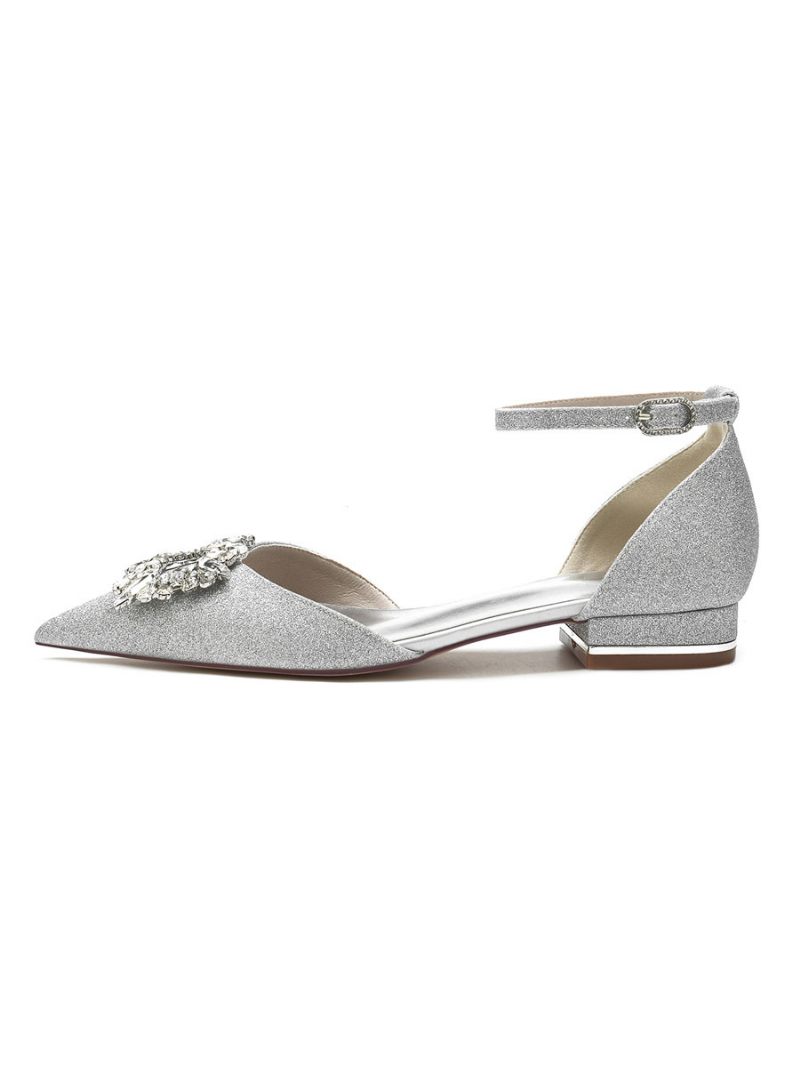 Chaussures Mariée Pour Femmes Avec Strass Et Bride Cheville Plates Satin - Argent