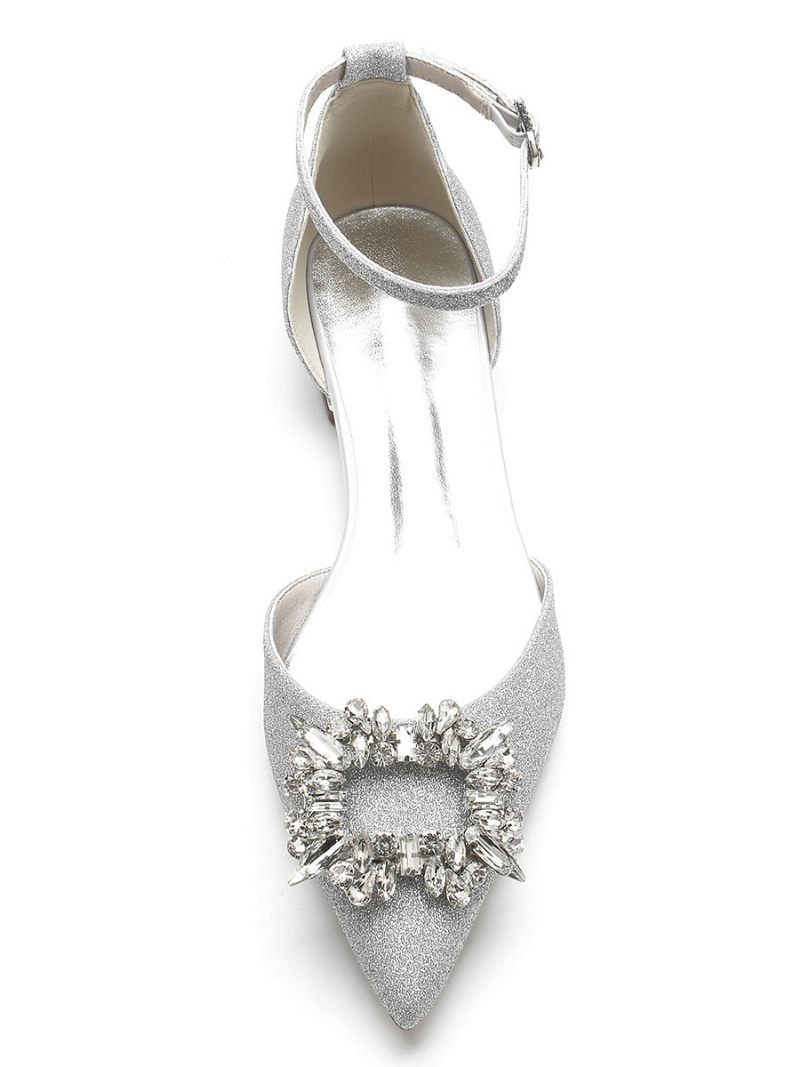 Chaussures Mariée Pour Femmes Avec Strass Et Bride Cheville Plates Satin - Argent