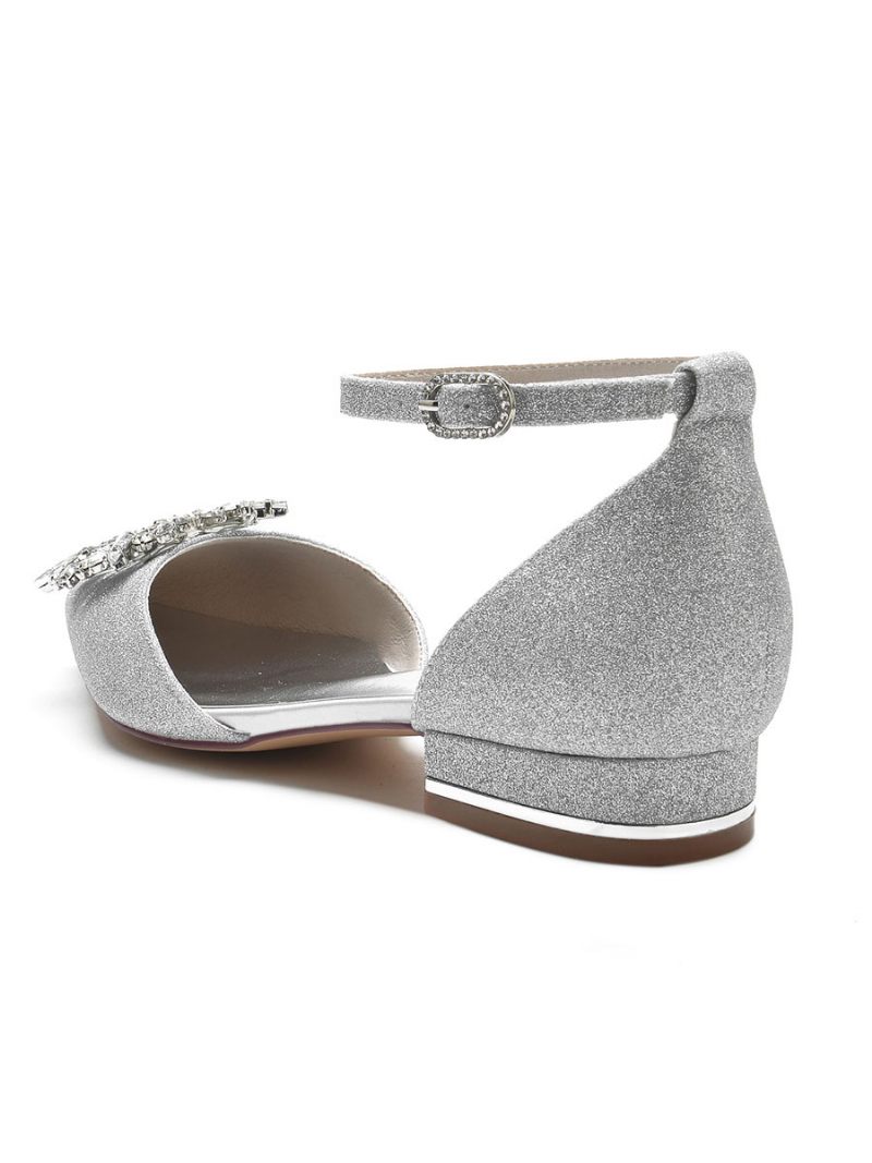 Chaussures Mariée Pour Femmes Avec Strass Et Bride Cheville Plates Satin - Argent