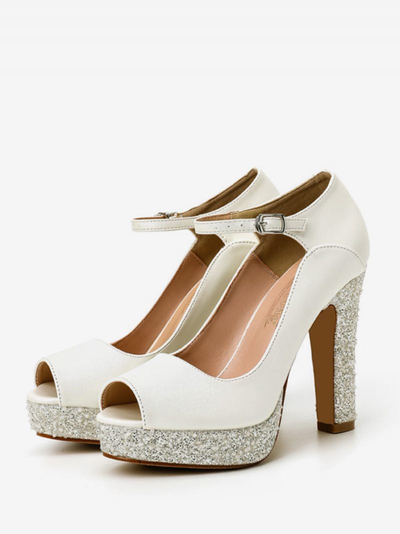 Chaussures Mariée Pour Femmes Cuir Pu Écru Blanc Peep Toe Perles