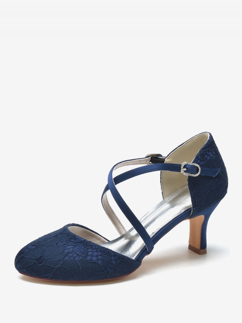 Chaussures Mariée Pour Femmes Dentelle Bleu Profond Bout Rond Strass Talon Épais - Bleu Profond