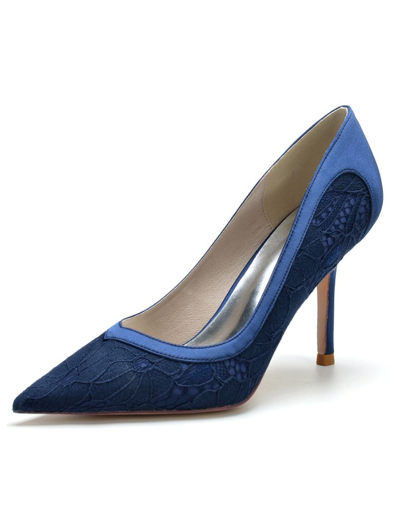 Chaussures Mariée Pour Femmes Escarpins À Talons Aiguilles Dentelle - Bleu Profond