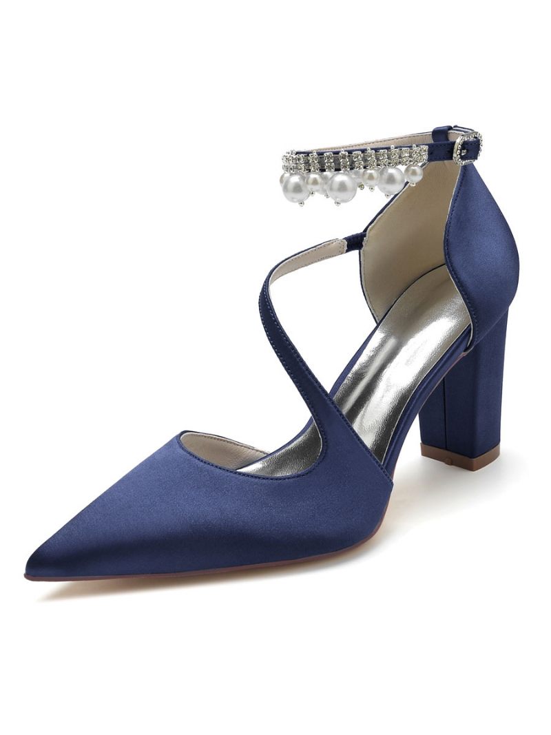 Chaussures Mariée Pour Femmes Escarpins À Talons Épais Et Perles Satin - Bleu Profond