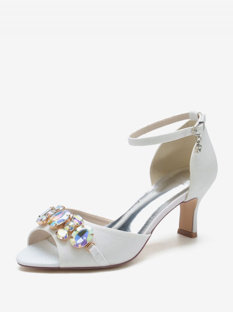 Chaussures Mariée Pour Femmes Paillettes Peep Toe Strass Mariage À Talons Épais - Blanc