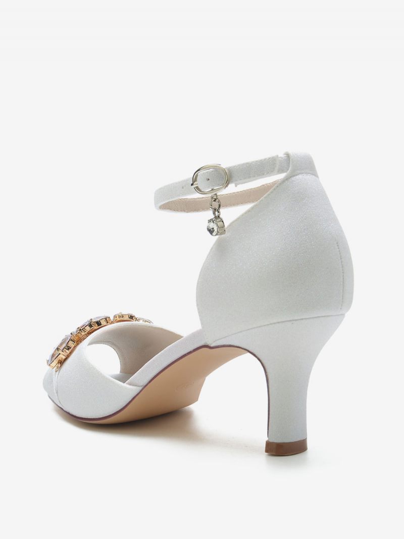 Chaussures Mariée Pour Femmes Paillettes Peep Toe Strass Mariage À Talons Épais - Blanc