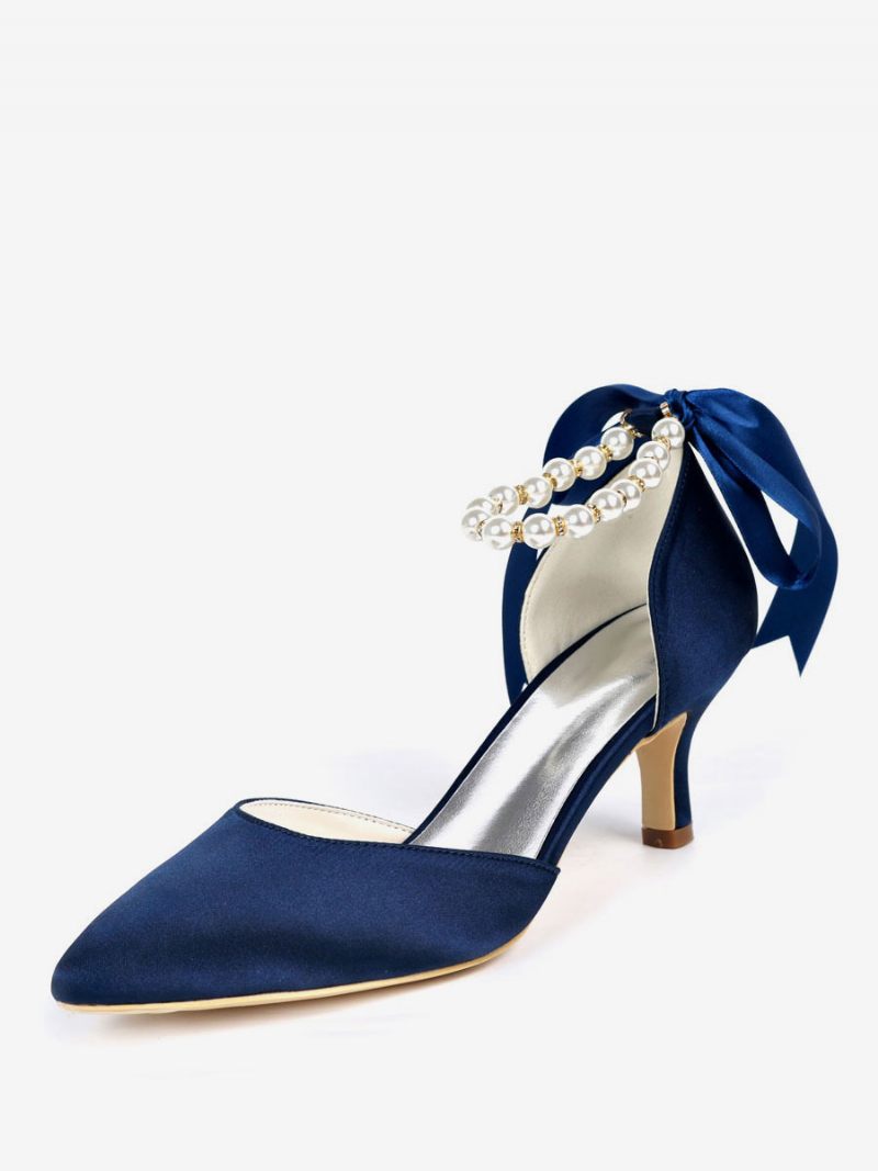 Chaussures Mariée Pour Femmes Perles Bride À La Cheville Talons Chaton - Bleu Profond