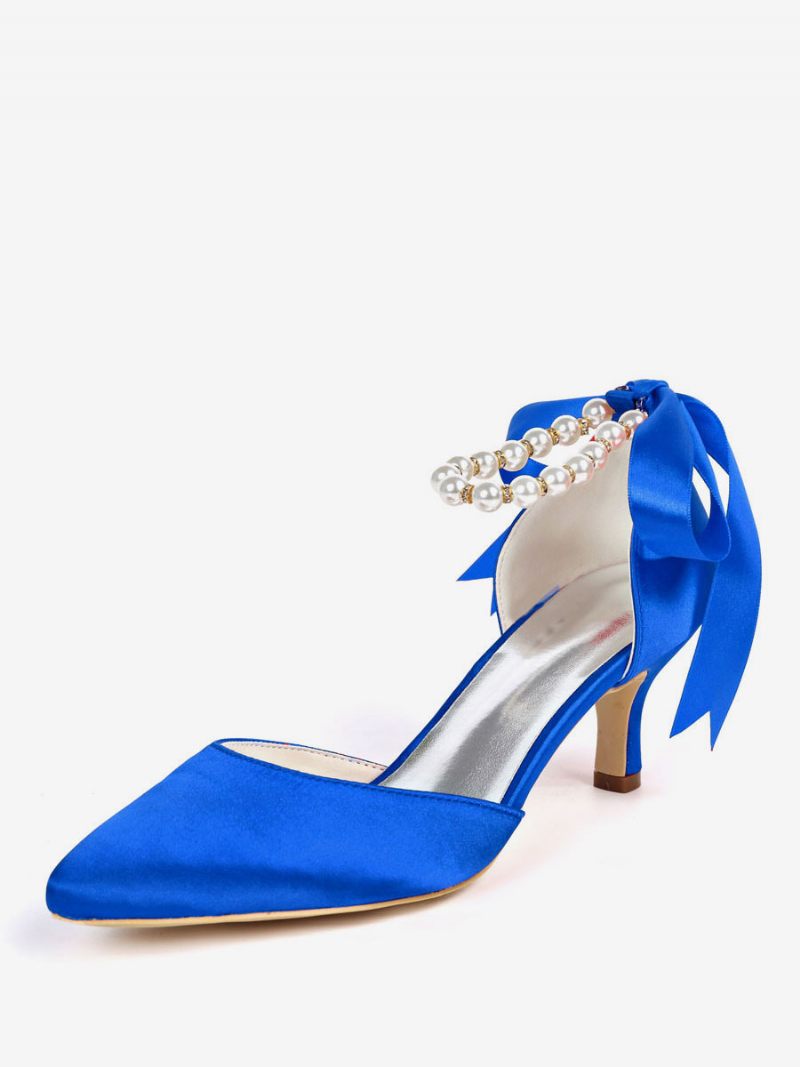 Chaussures Mariée Pour Femmes Perles Bride À La Cheville Talons Chaton - Bleu Royal