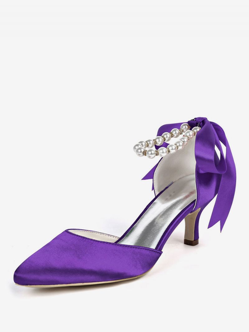 Chaussures Mariée Pour Femmes Perles Bride À La Cheville Talons Chaton - Violet Foncé