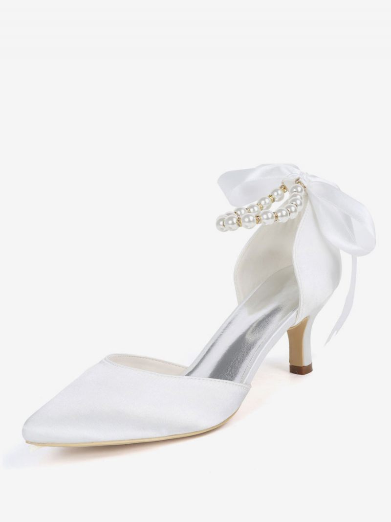 Chaussures Mariée Pour Femmes Perles Bride À La Cheville Talons Chaton - Blanc