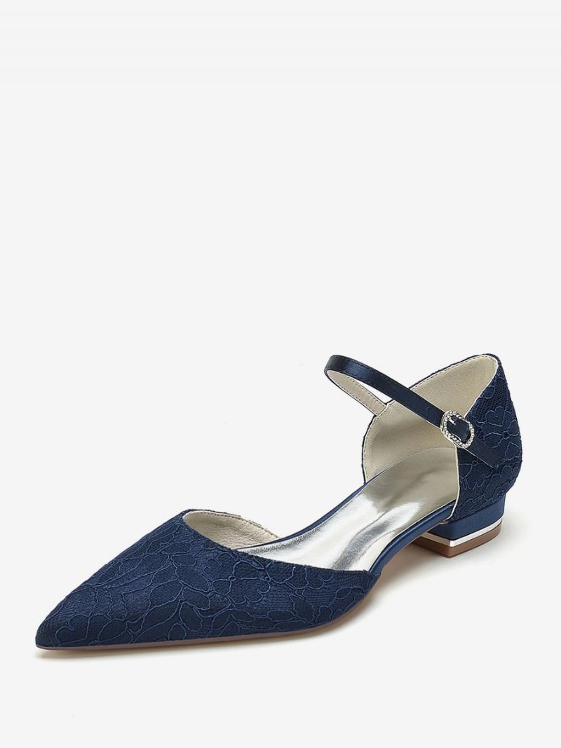 Chaussures Mariée Pour Femmes Plates À Bout Pointu Brodées - Bleu Profond