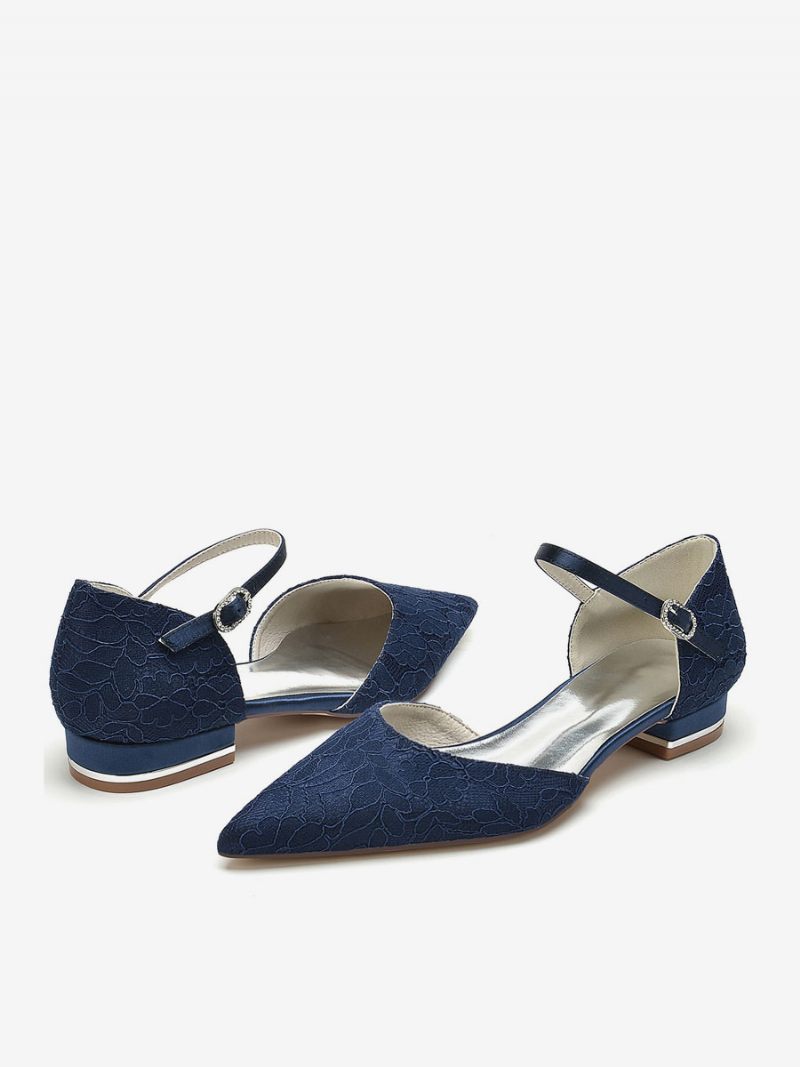 Chaussures Mariée Pour Femmes Plates À Bout Pointu Brodées - Bleu Profond