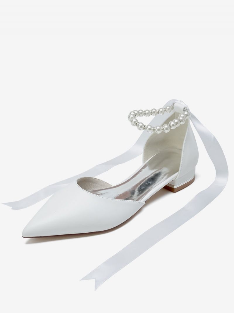 Chaussures Mariée Pour Femmes Plates Cuir Pu Bout Pointu - Blanc