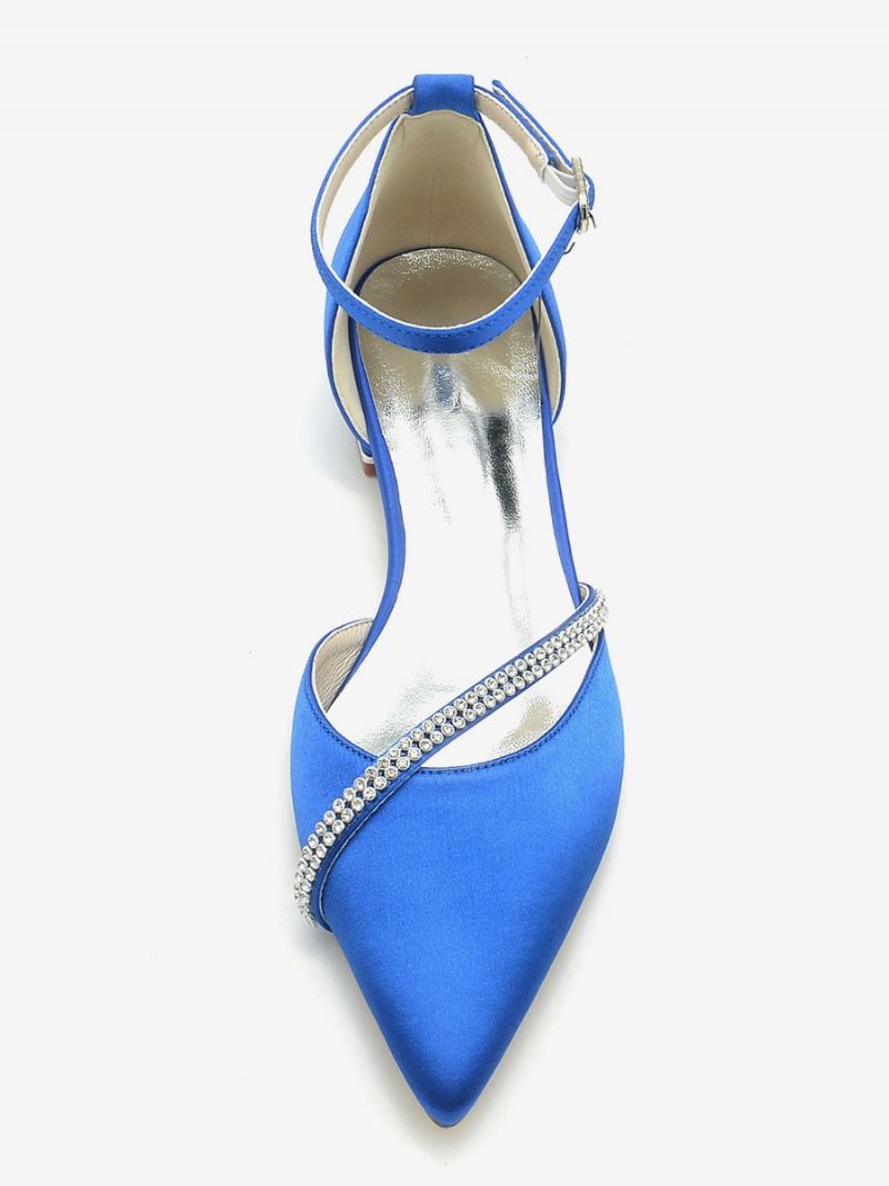 Chaussures Mariée Pour Femmes Plates Soie Et Satin Bout Pointu Strass - Bleu Royal