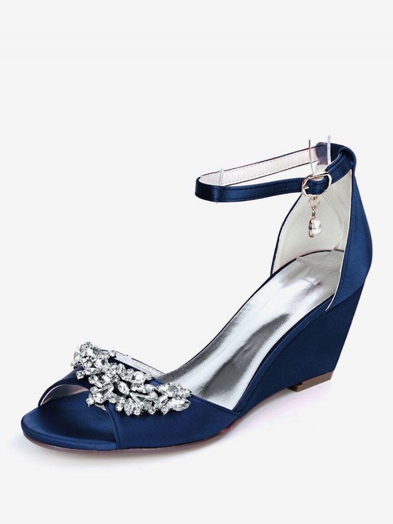 Chaussures Mariée Pour Femmes Sandales Compensées Avec Bride À La Cheville Et Strass - Bleu Profond