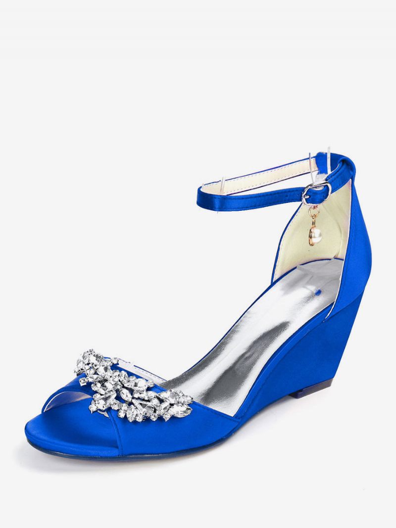 Chaussures Mariée Pour Femmes Sandales Compensées Avec Bride À La Cheville Et Strass - Bleu Royal