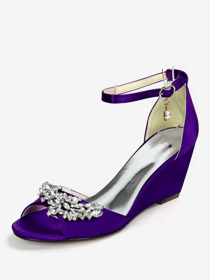 Chaussures Mariée Pour Femmes Sandales Compensées Avec Bride À La Cheville Et Strass - Violet Foncé