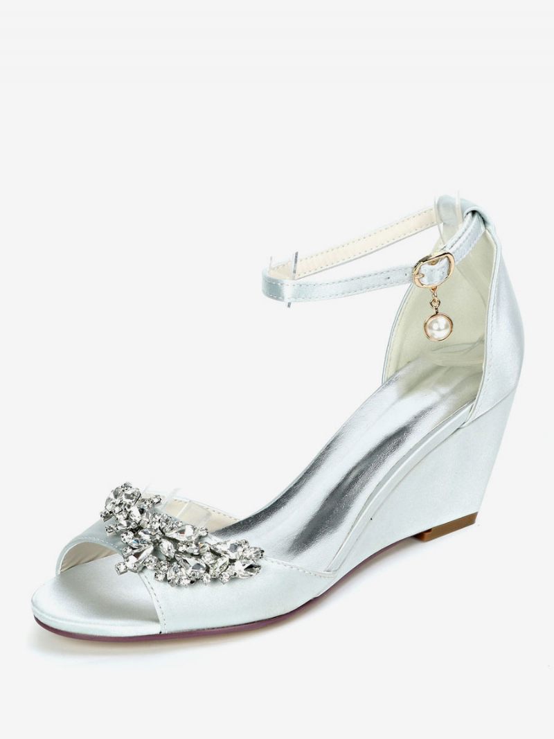 Chaussures Mariée Pour Femmes Sandales Compensées Avec Bride À La Cheville Et Strass - Argent