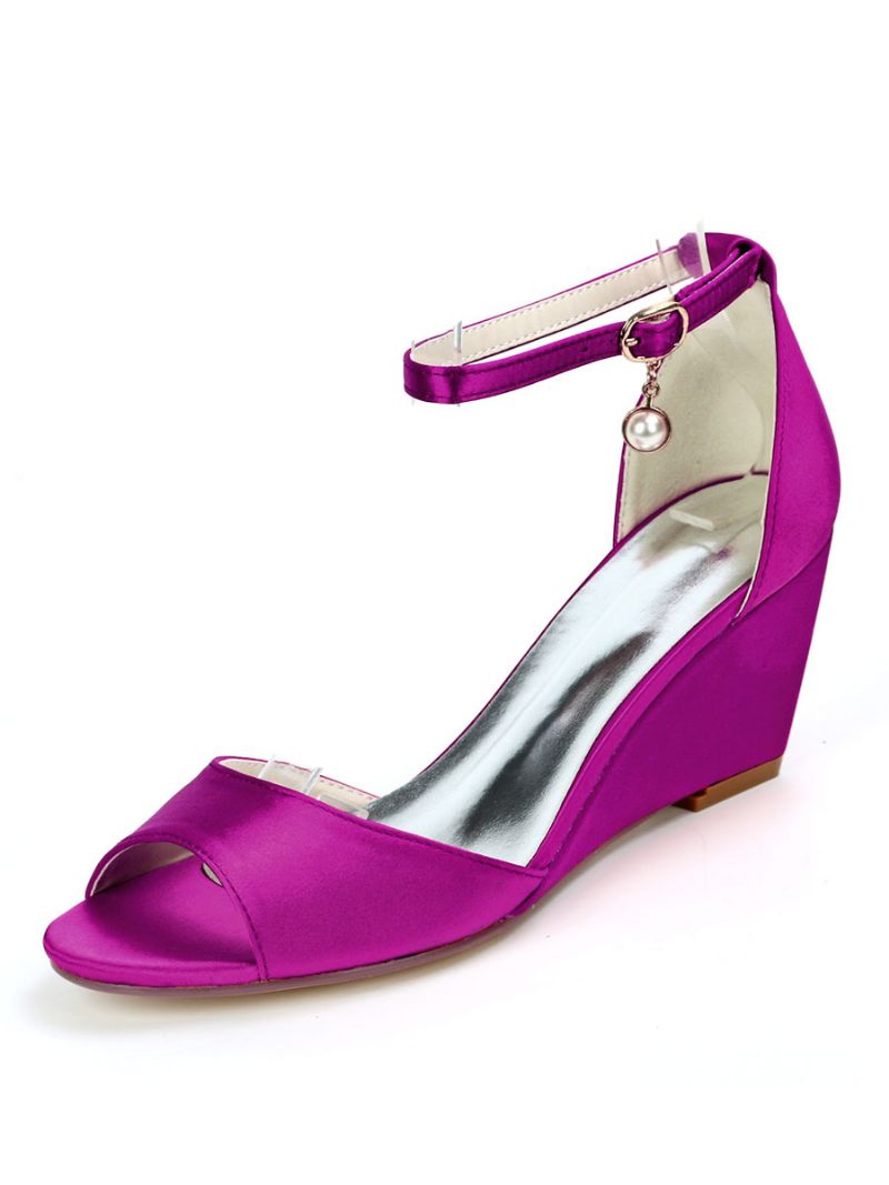 Chaussures Mariée Pour Femmes Sandales Compensées À Bride Cheville Satin - Violet