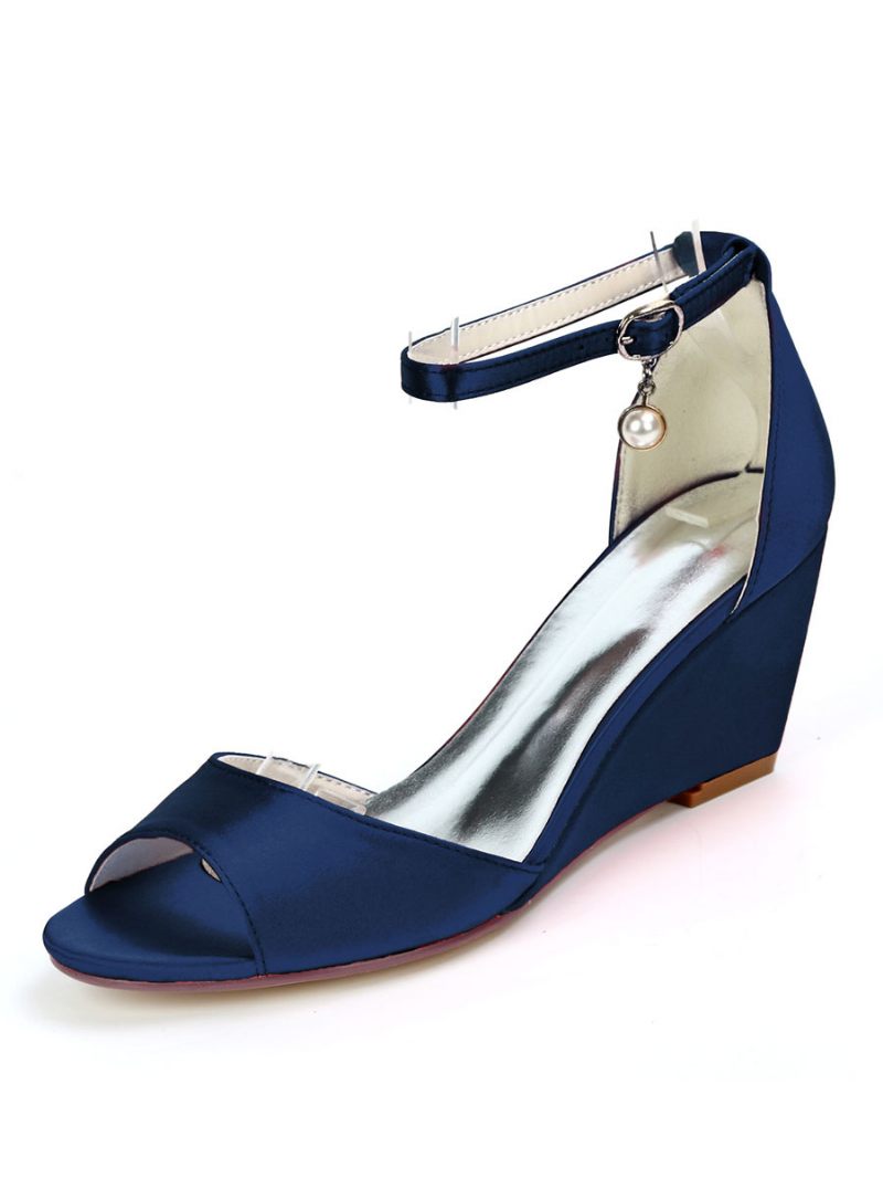 Chaussures Mariée Pour Femmes Sandales Compensées À Bride Cheville Satin - Bleu Profond