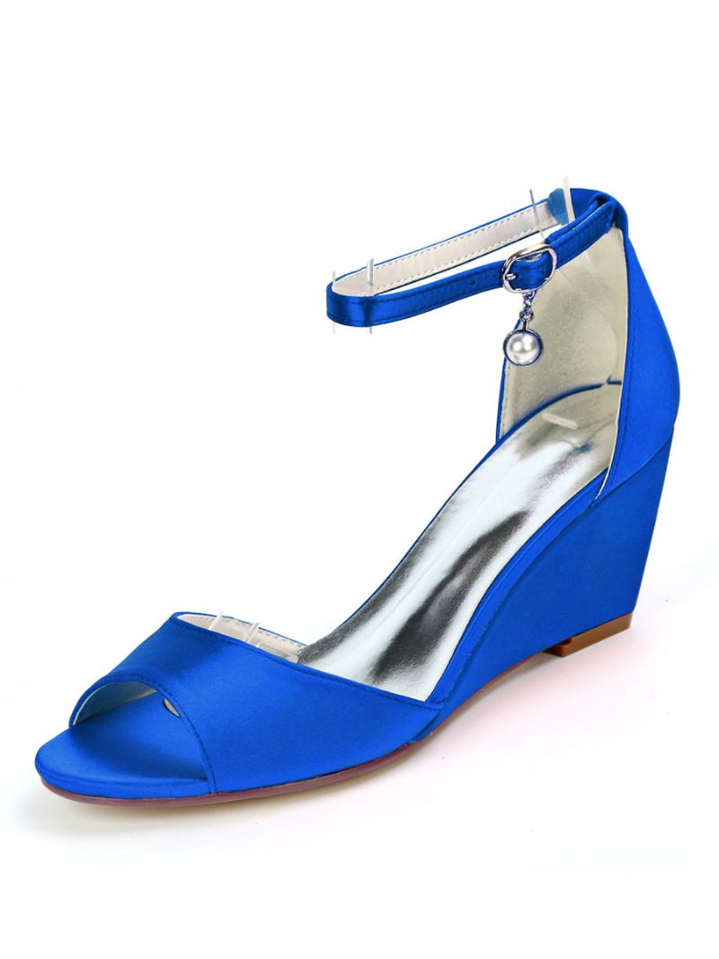 Chaussures Mariée Pour Femmes Sandales Compensées À Bride Cheville Satin - Bleu Royal