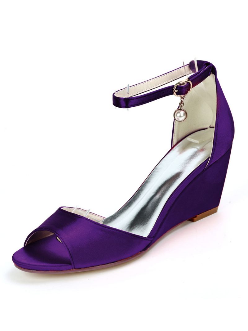 Chaussures Mariée Pour Femmes Sandales Compensées À Bride Cheville Satin - Violet Foncé