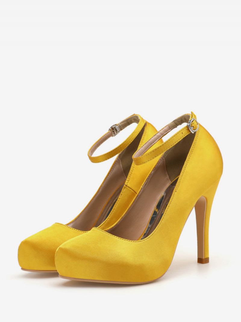 Chaussures Mariée Pour Femmes Satin Argenté À Bout Rond Et Talon Gobelet - Jaune