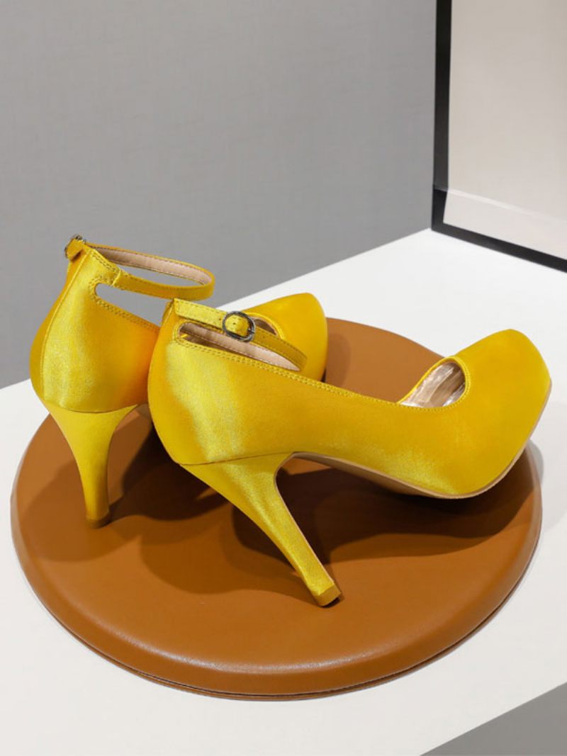 Chaussures Mariée Pour Femmes Satin Argenté À Bout Rond Et Talon Gobelet - Jaune