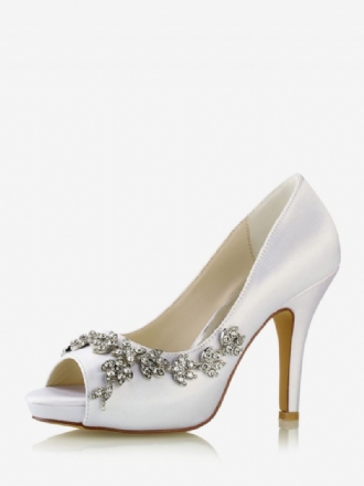 Chaussures Mariée Pour Femmes Satin Blanc Peep Toe Strass Talon Épais