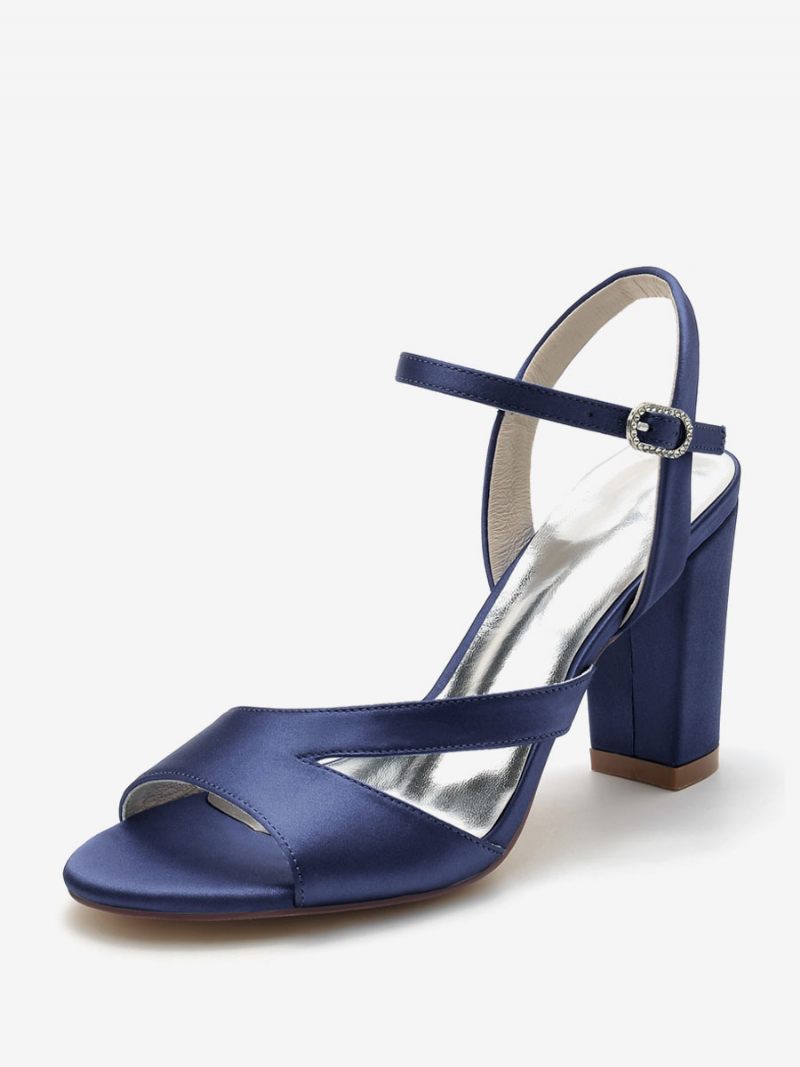 Chaussures Mariée Pour Femmes Satin Bleu Profond À Bout Ouvert Et Talon Épais - Bleu Profond