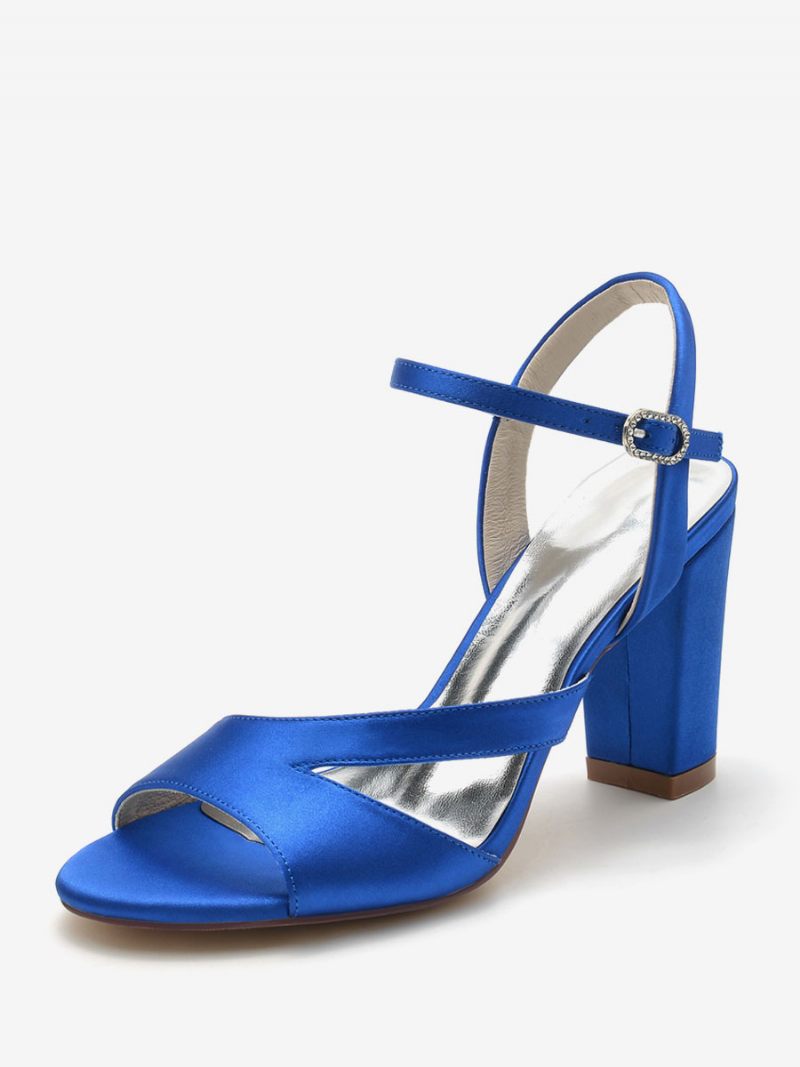 Chaussures Mariée Pour Femmes Satin Bleu Profond À Bout Ouvert Et Talon Épais - Bleu Royal