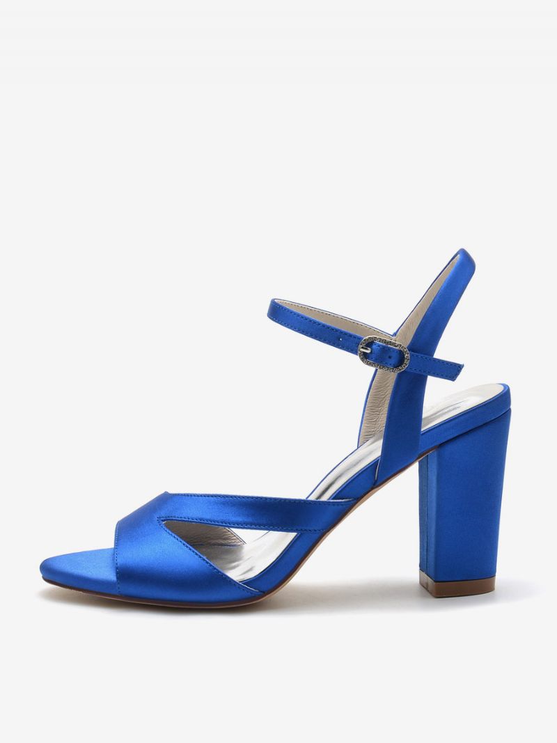 Chaussures Mariée Pour Femmes Satin Bleu Profond À Bout Ouvert Et Talon Épais - Bleu Royal