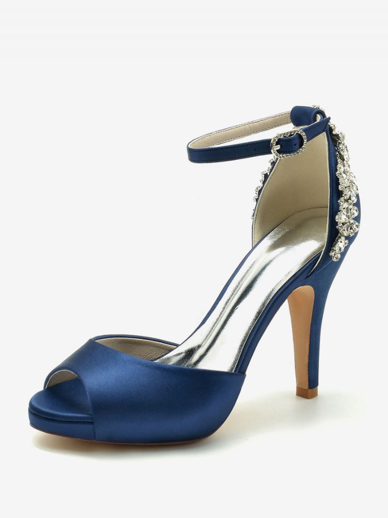 Chaussures Mariée Pour Femmes Satin Bleu Profond Peep Toe Strass Talon Épais - Bleu Profond