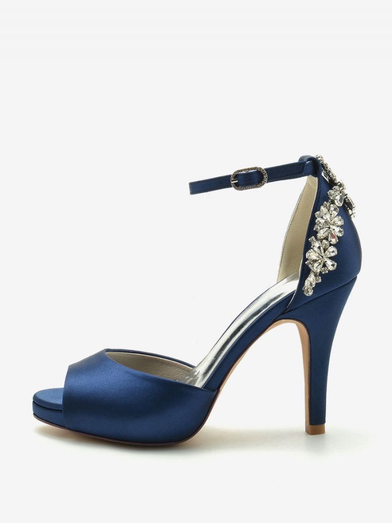 Chaussures Mariée Pour Femmes Satin Bleu Profond Peep Toe Strass Talon Épais - Bleu Profond