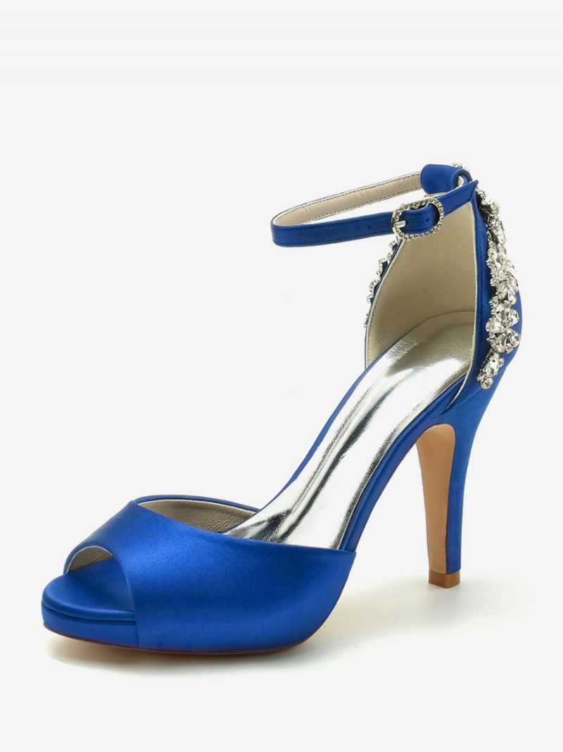 Chaussures Mariée Pour Femmes Satin Bleu Profond Peep Toe Strass Talon Épais - Bleu Royal