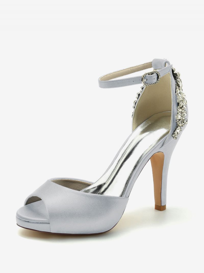 Chaussures Mariée Pour Femmes Satin Bleu Profond Peep Toe Strass Talon Épais - Argent