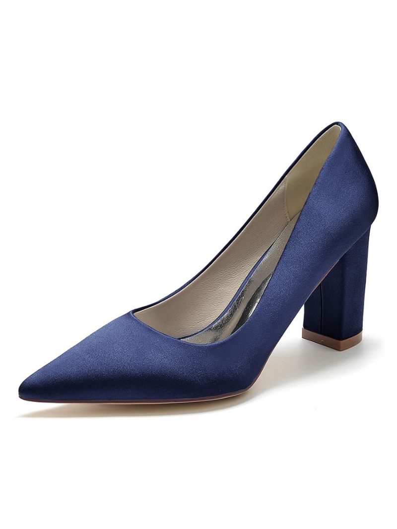 Chaussures Mariée Pour Femmes Satin À Bout Pointu Et Talon Épais - Bleu Profond