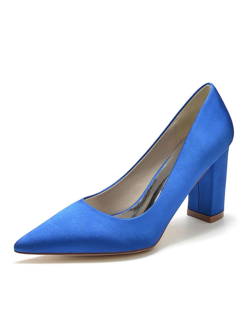 Chaussures Mariée Pour Femmes Satin À Bout Pointu Et Talon Épais - Bleu Royal