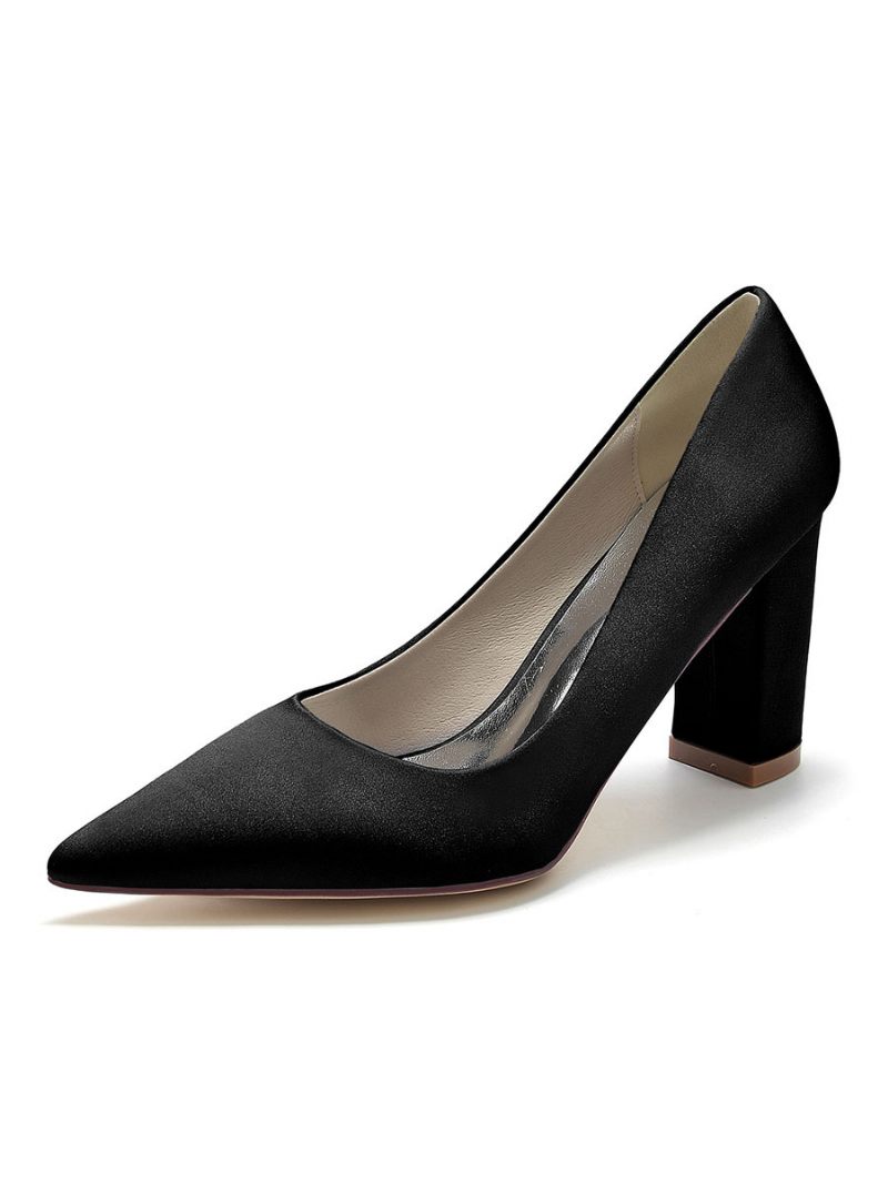 Chaussures Mariée Pour Femmes Satin À Bout Pointu Et Talon Épais - Noir