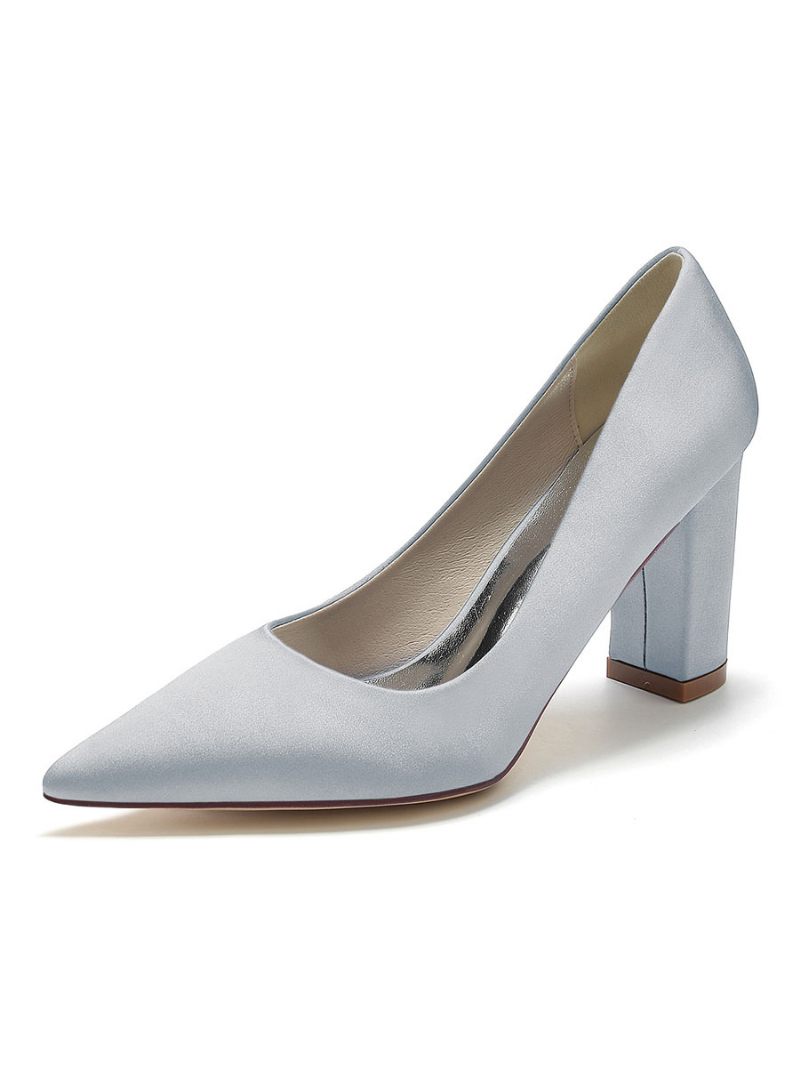 Chaussures Mariée Pour Femmes Satin À Bout Pointu Et Talon Épais - Argent