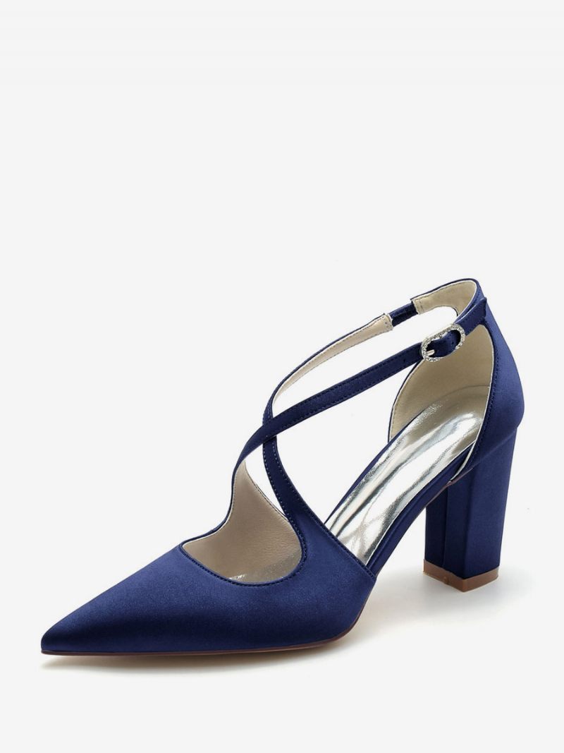 Chaussures Mariée Pour Femmes Satin À Bout Pointu Et Talon Épais - Bleu Profond